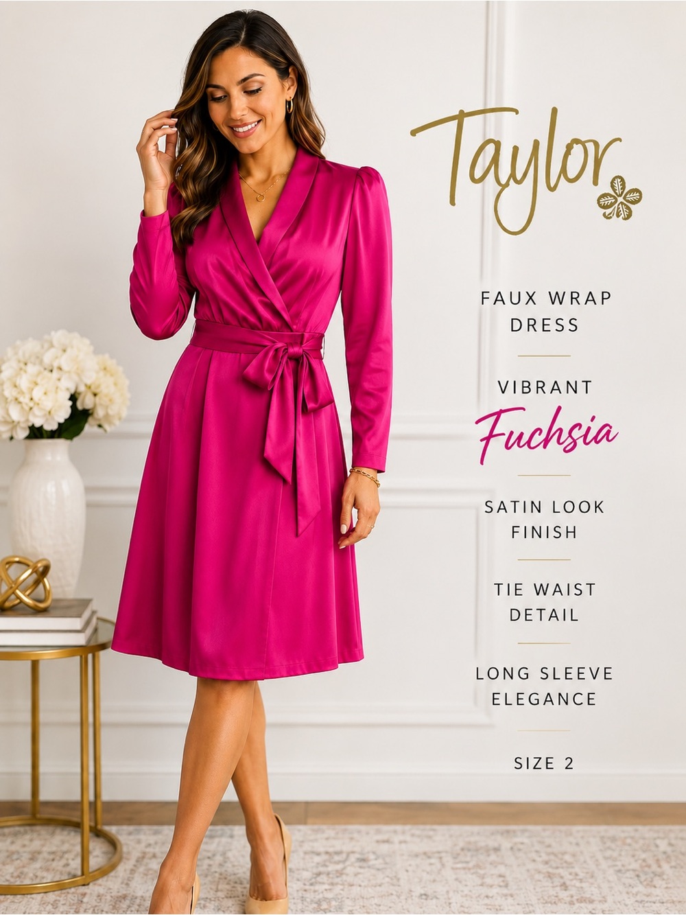 Taylor faux wrap dress fuchia pink size 2 satin look belted Barbiecore